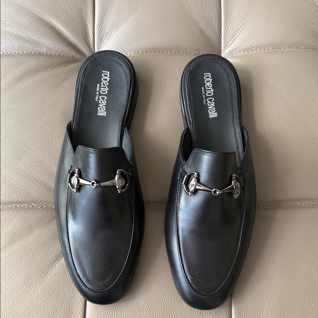 Nwt Women Roberto Cavalli Black Leather Slip-On Loafers Size 10,5-11